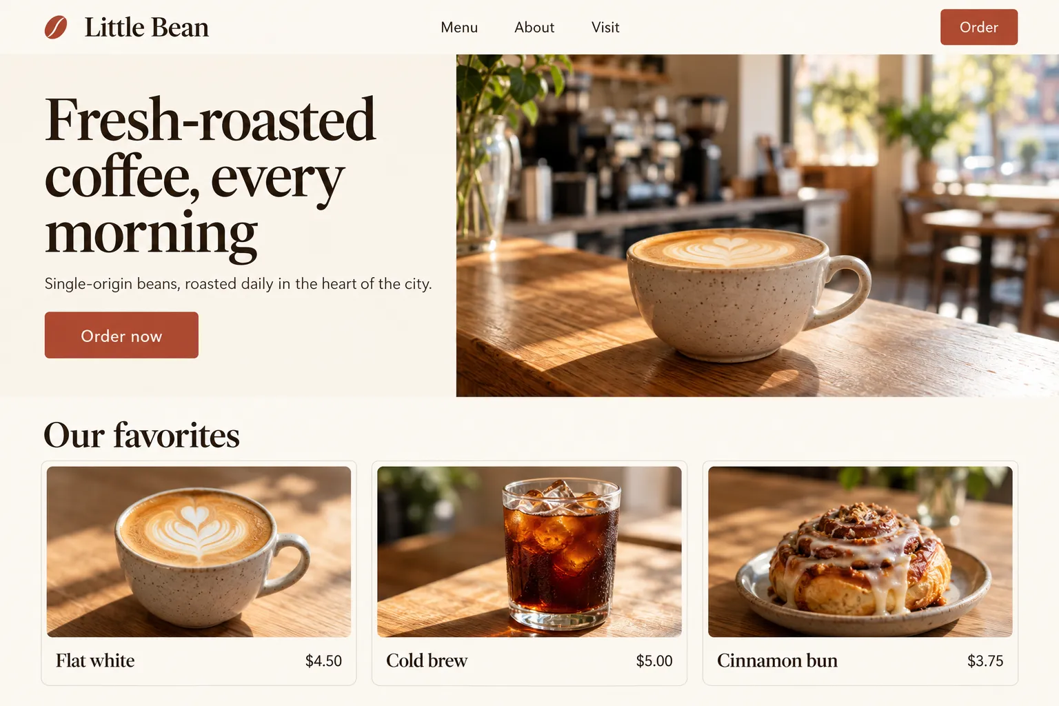 Little Bean coffee shop website built with WalnutZite: hero with a latte photo and a menu of favorites