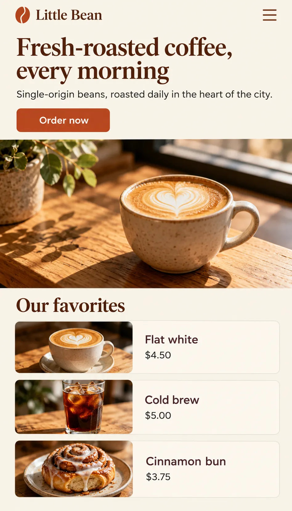 Little Bean coffee shop website on a phone: hero with a latte photo and a menu of favorites