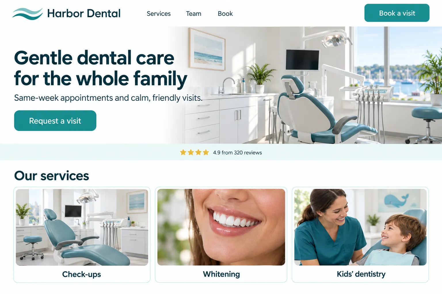 Harbor Dental clinic website built with WalnutZite: friendly hero, services and a booking button