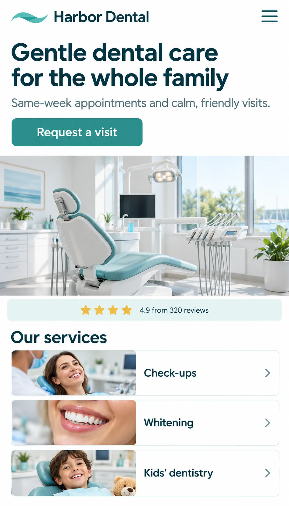 Harbor Dental clinic website on a phone: friendly hero, services and a booking button