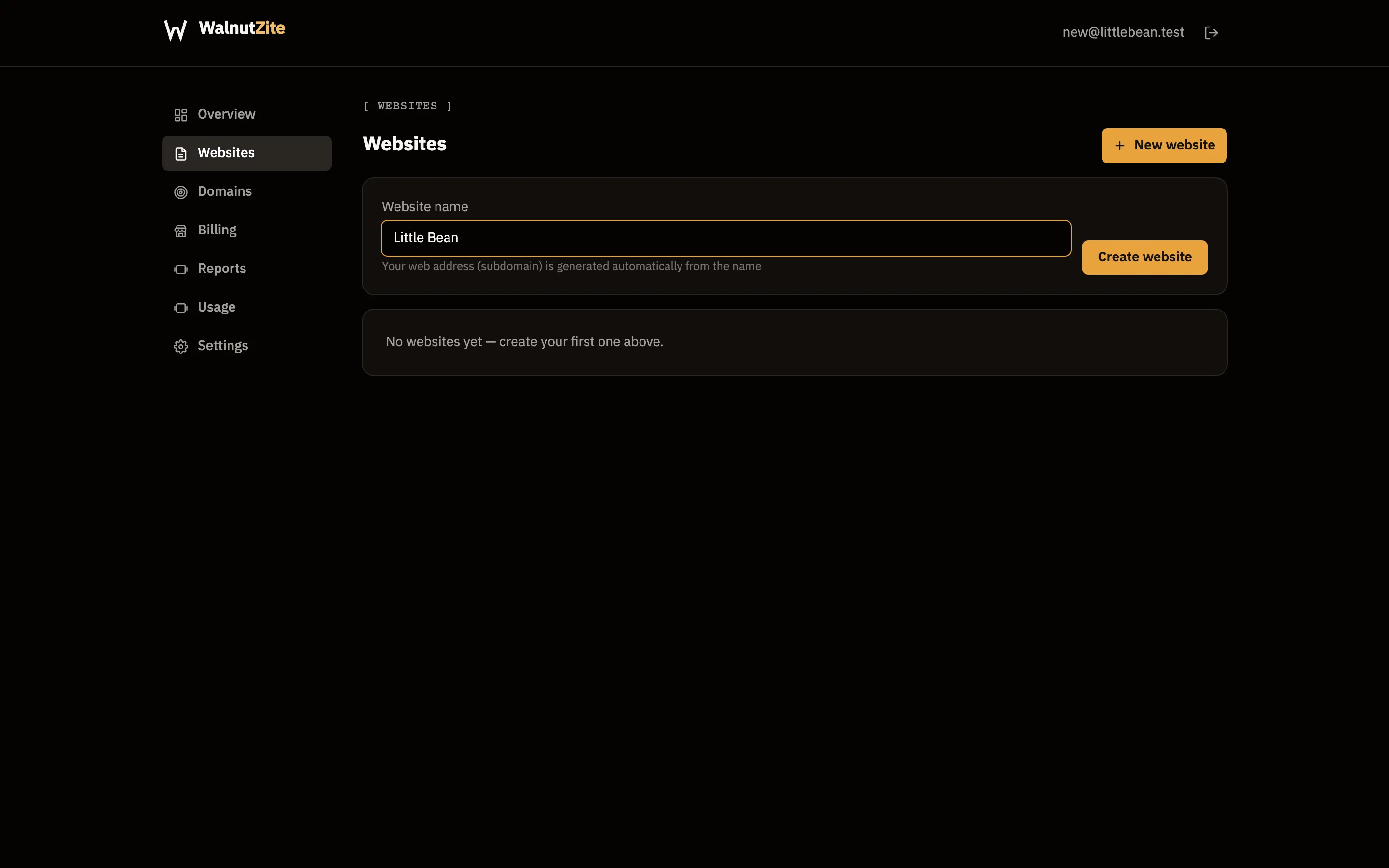 The Websites page with the name "Little Bean" typed into the New website form, and a note that the web address is generated automatically.