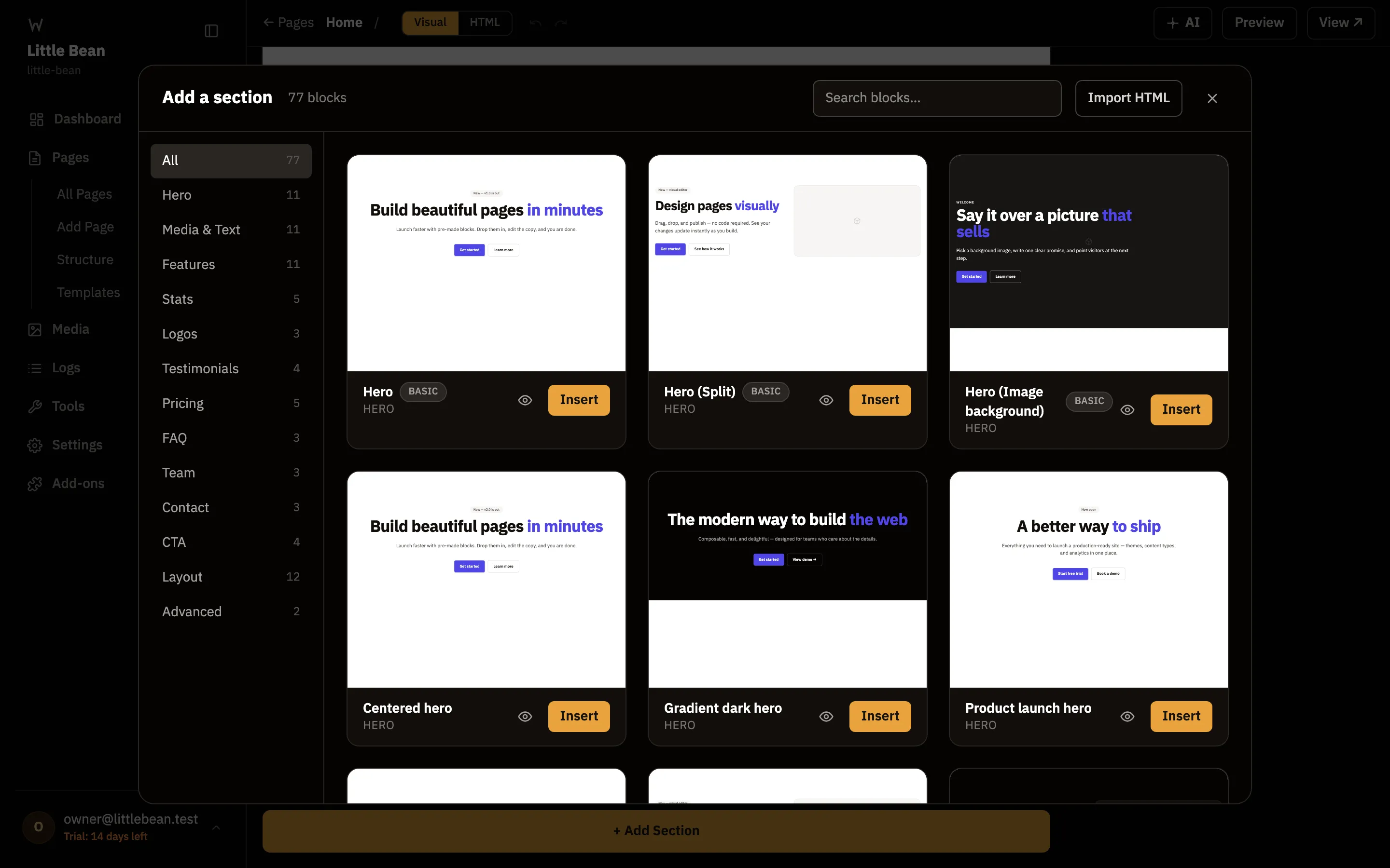 The Add a section gallery over the editor, listing 77 blocks in categories such as Hero, Features, Pricing and FAQ, each with an Insert button.