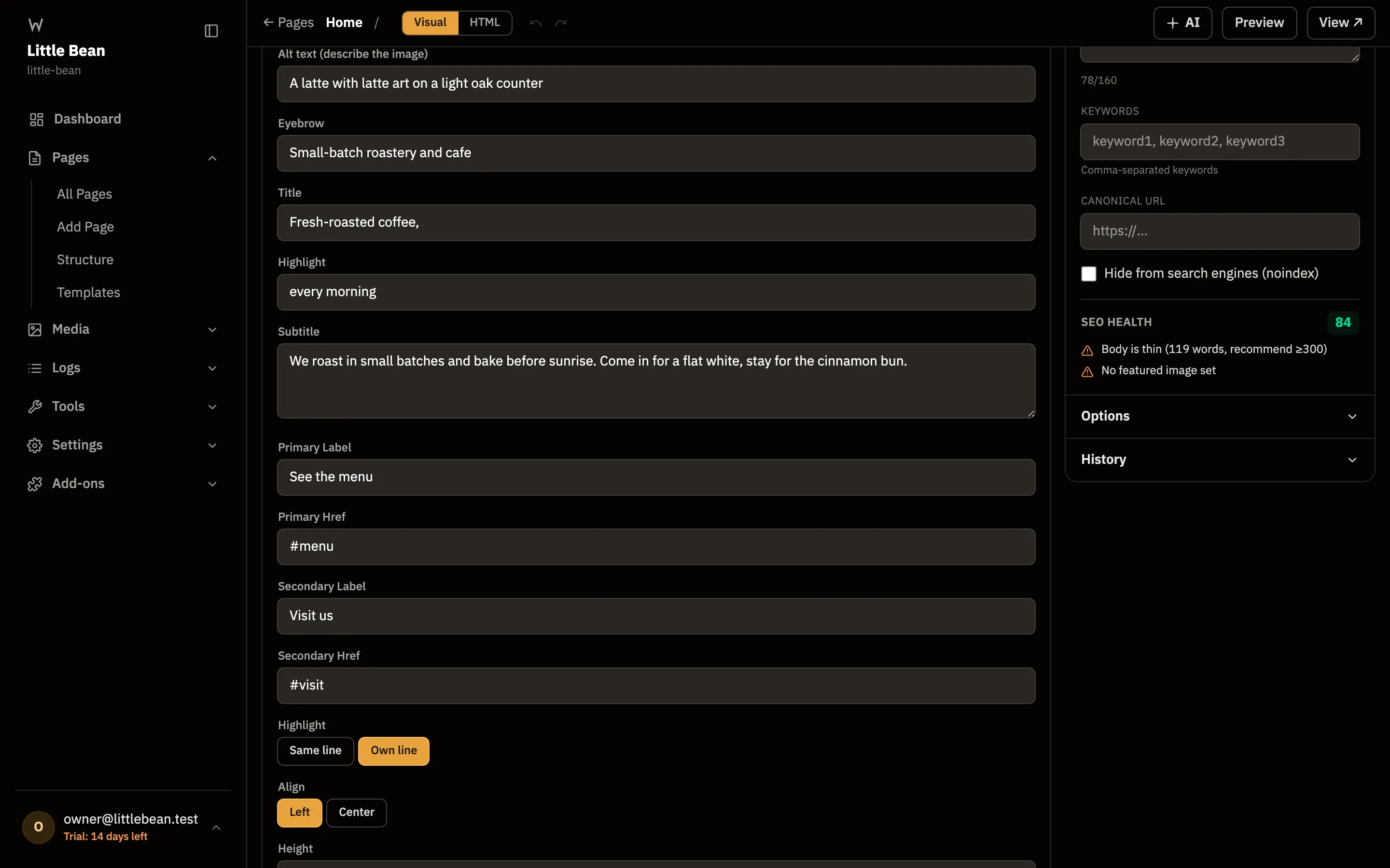The hero fields panel: alt text, eyebrow, title, highlight, subtitle and button labels.