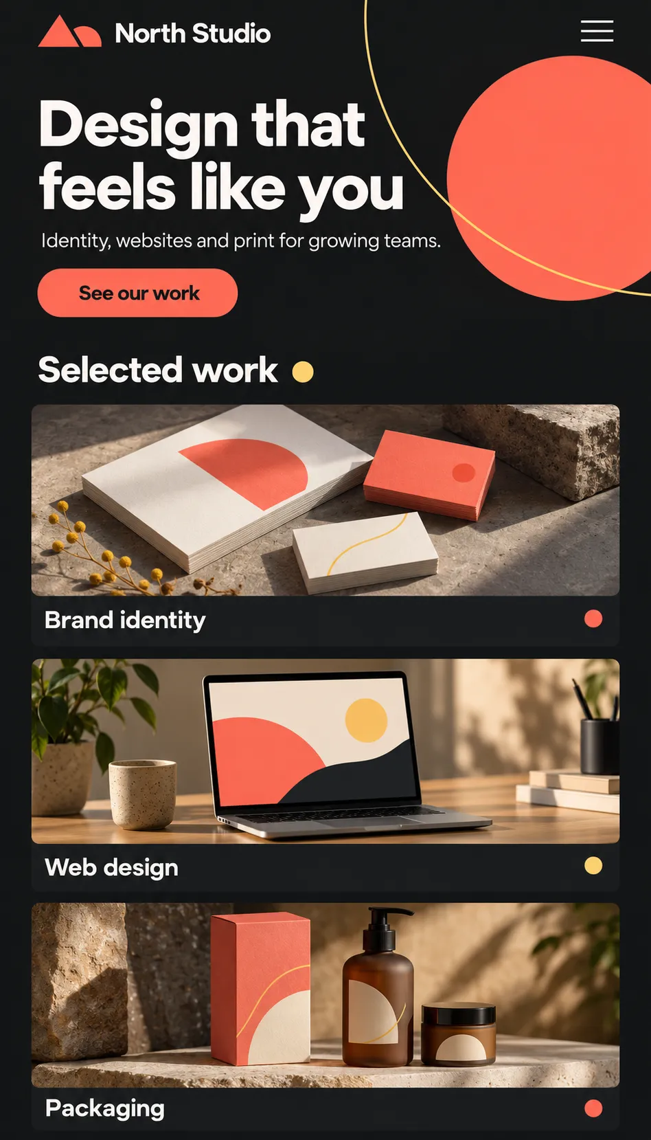 North Studio design website on a phone: bold hero and a grid of selected work